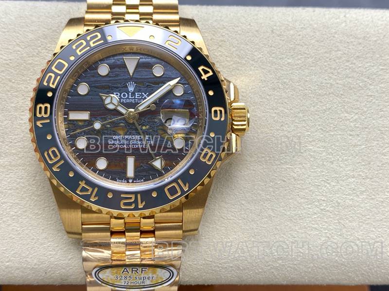 Rolex1:1replica watch ARF FactoryGMT-Master tiger eye stone GMTyellow goldsteel bracelet front live photo