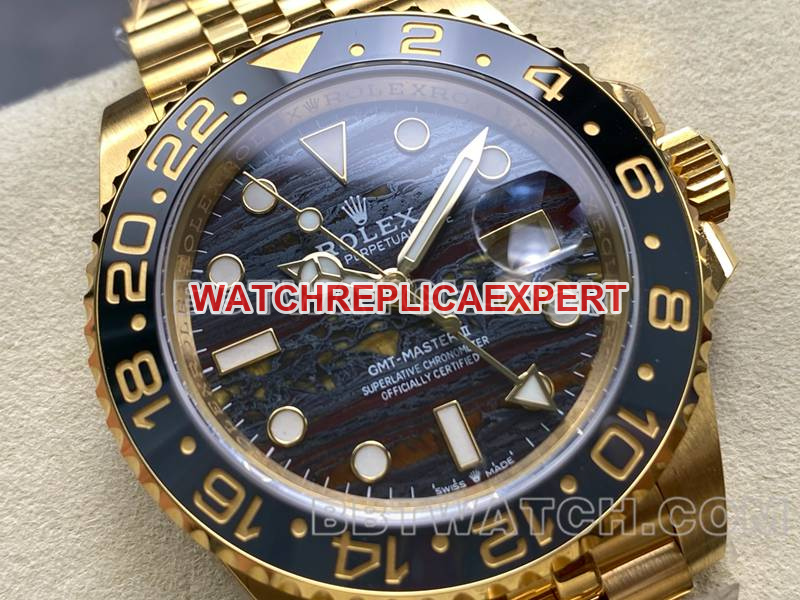 Rolex1:1replica watch ARF FactoryGMT-Master tiger eye stone GMTyellow goldsteel bracelet front live photo