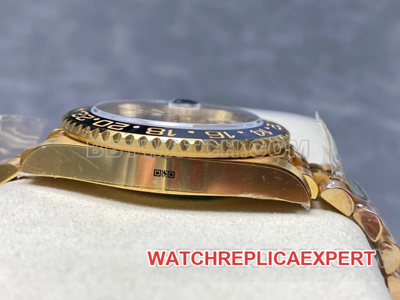 Rolex1:1replica watch ARF FactoryGMT-Master tiger eye stone GMTyellow goldsteel bracelet side live photo