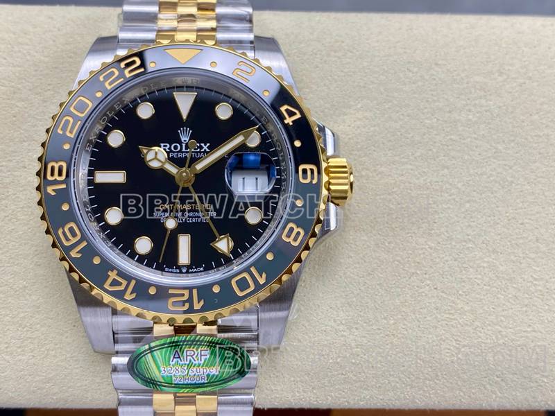 Rolextop-tier watch ARF FactoryGMT-MasterGMTblack dial3285 gold steel bracelet front live photo