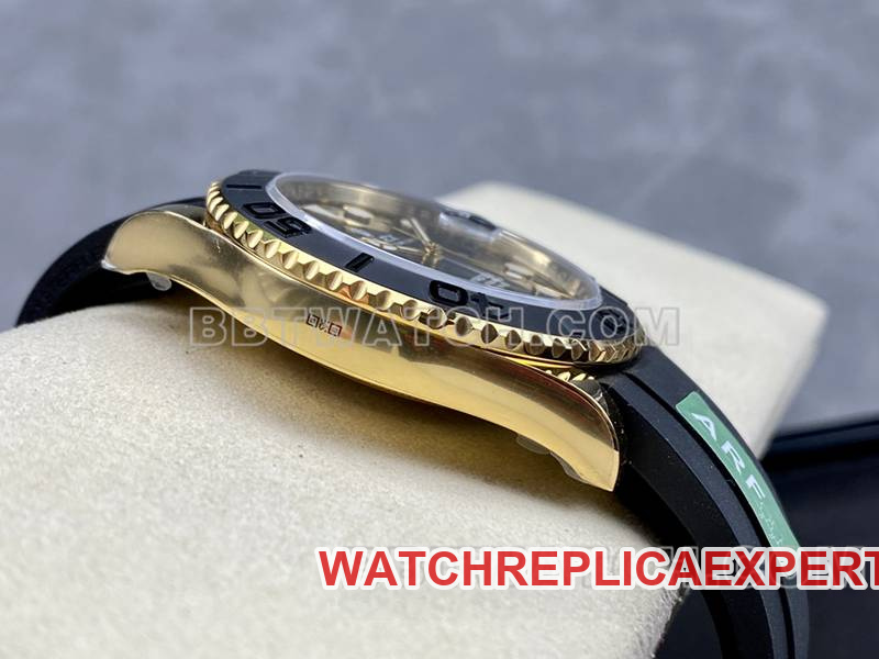 Rolex watch ARF Factory Yacht-Master black dialyellow gold case 42mm rubber model side live photo
