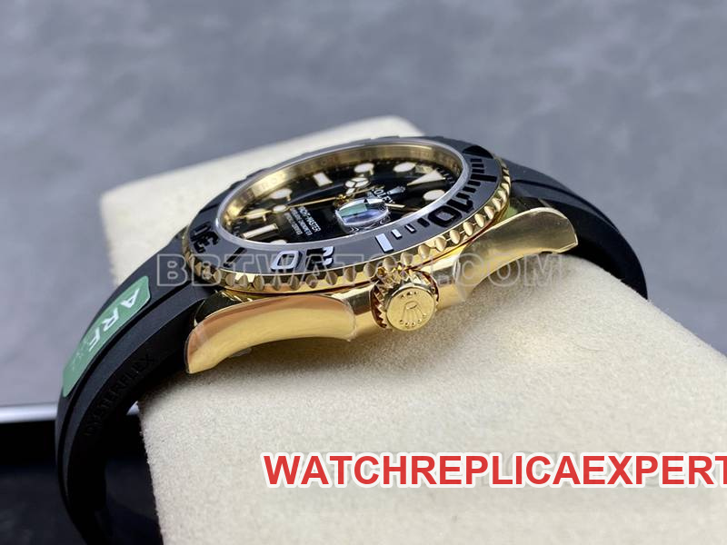 Rolex watch ARF Factory Yacht-Master black dialyellow gold case 42mm rubber model side live photo