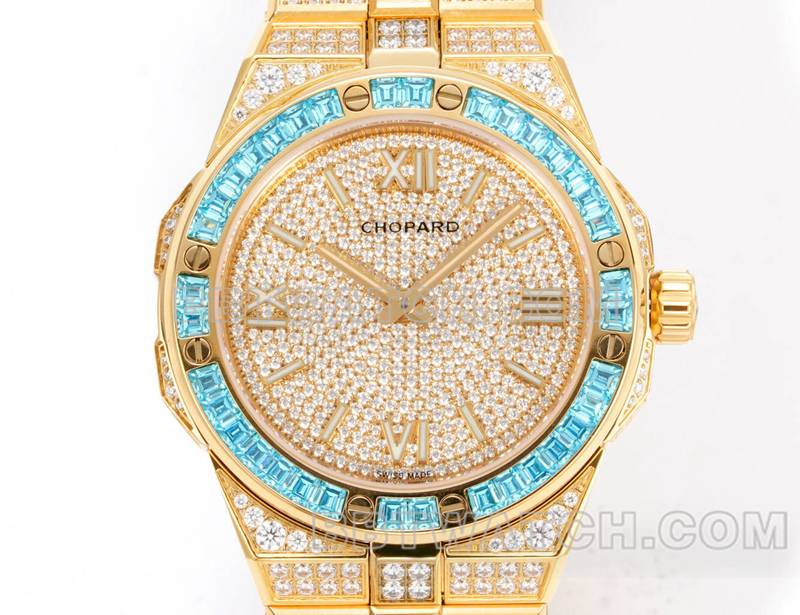 Chopard1:1replica watch GH factory Xueshan Aoyi 41mm pavé diamond yellow goldsteel bracelet model front live photo