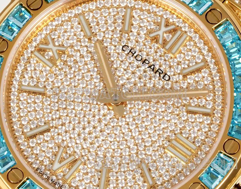 Chopard1:1replica watch GH factory Xueshan Aoyi 41mm pavé diamond yellow goldsteel bracelet model front live photo