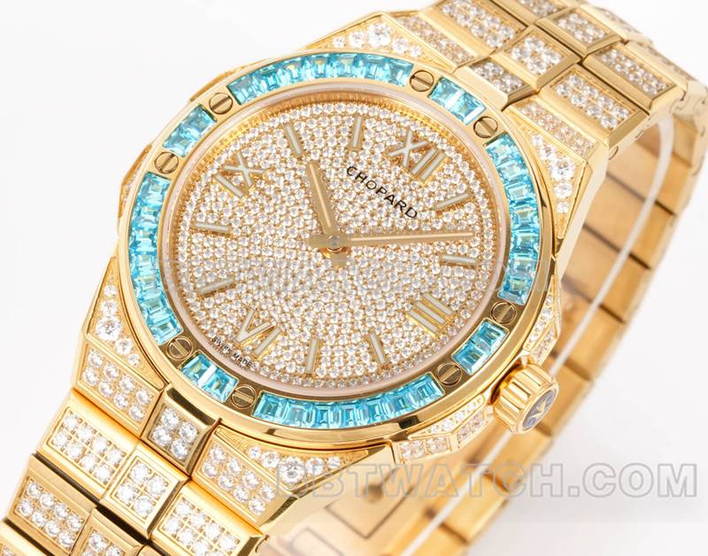 Chopard1:1replica watch GH factory Xueshan Aoyi 41mm pavé diamond yellow goldsteel bracelet model front live photo