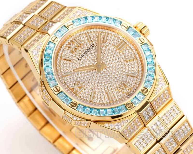 Chopard1:1replica watch GH factory Xueshan Aoyi 41mm pavé diamond yellow goldsteel bracelet model front live photo