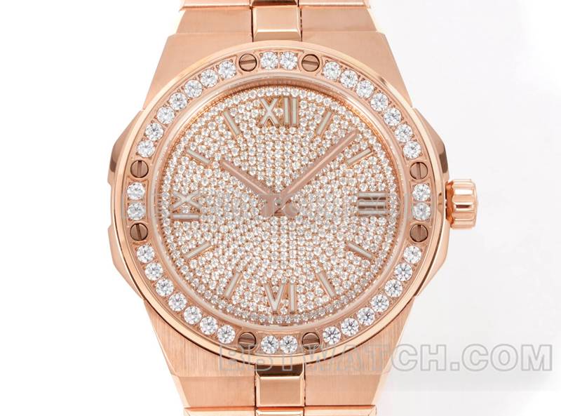 Real-life photos of the front of the GH Factory Chopard "Snow Mountain Soaring Wings" 41mm watch with a diamond-set dial, diamond-set bezel, and rose gold and steel bracelet