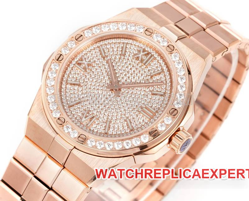 Real-life photos of the front of the GH Factory Chopard "Snow Mountain Soaring Wings" 41mm watch with a diamond-set dial, diamond-set bezel, and rose gold and steel bracelet