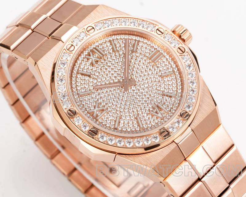 Real-life photos of the front of the GH Factory Chopard "Snow Mountain Soaring Wings" 41mm watch with a diamond-set dial, diamond-set bezel, and rose gold and steel bracelet
