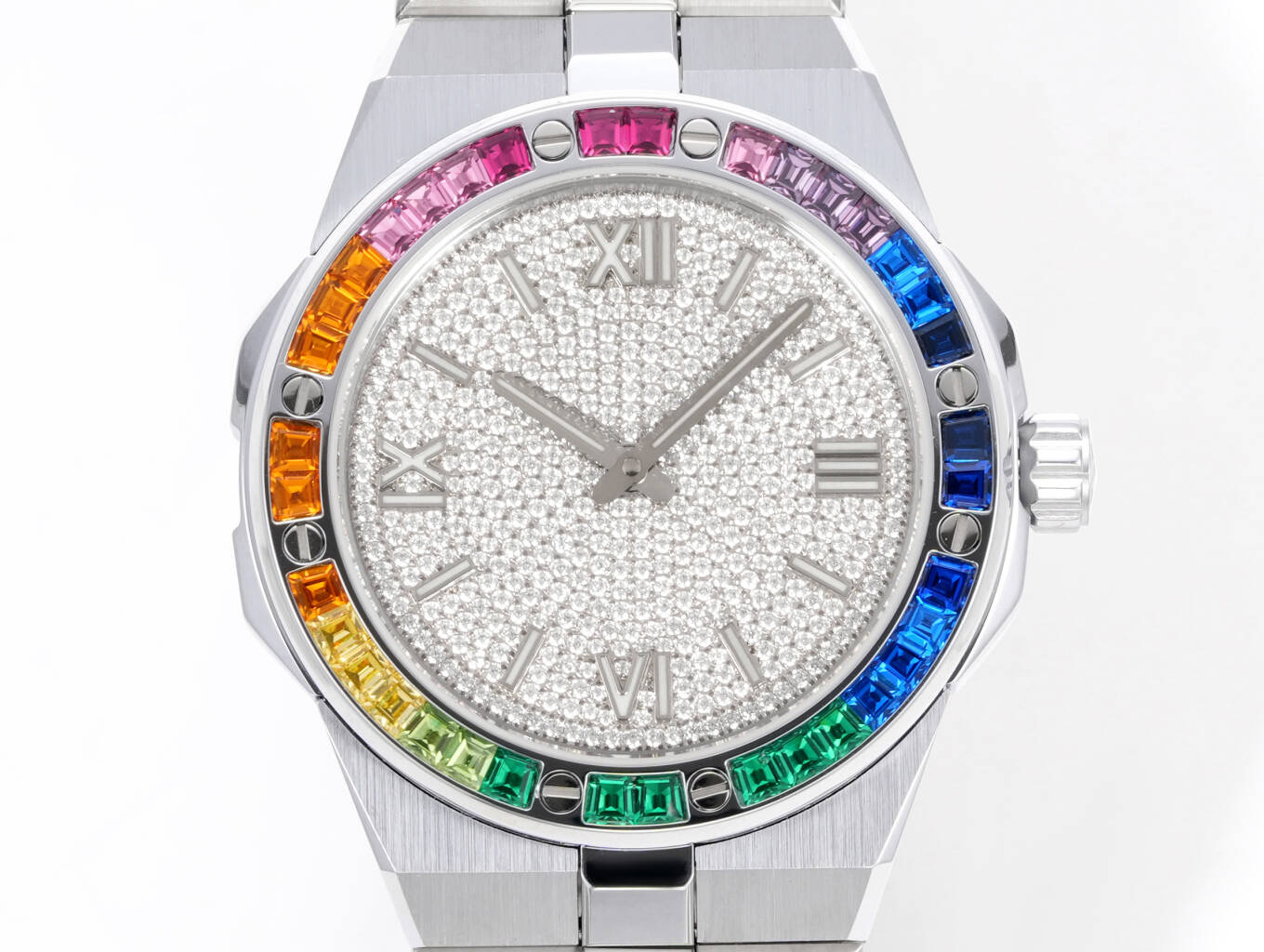 Chopardtop-tier watch GH factory Xueshan Aoyi 41mm diamond plate color sapphire crystal ring steel bracelet model front live photo