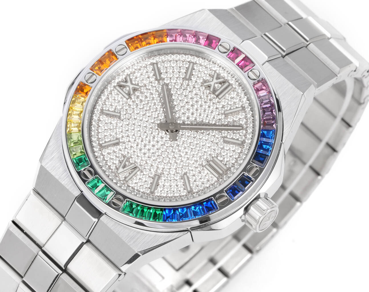Chopardtop-tier watch GH factory Xueshan Aoyi 41mm diamond plate color sapphire crystal ring steel bracelet model front live photo