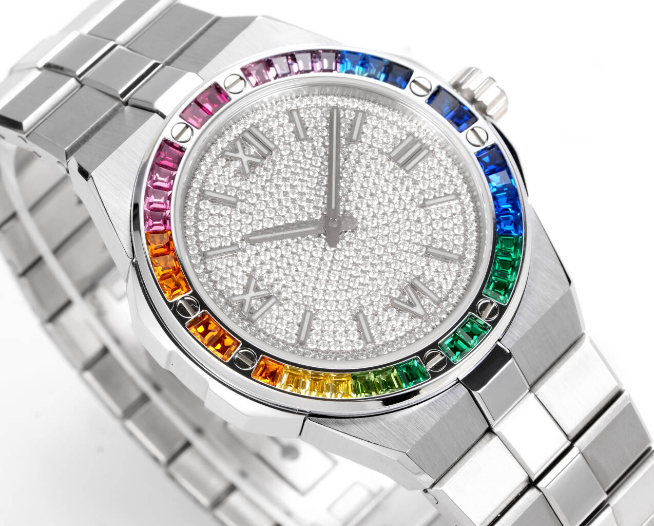 Chopardtop-tier watch GH factory Xueshan Aoyi 41mm diamond plate color sapphire crystal ring steel bracelet model front live photo