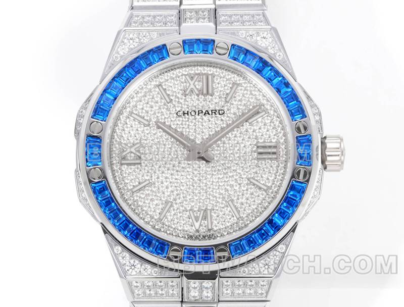 Chopard collectible watch GH factory snow mountain proud wing 41mm pavé diamond blue sapphire crystal ring steel bracelet model front live photo