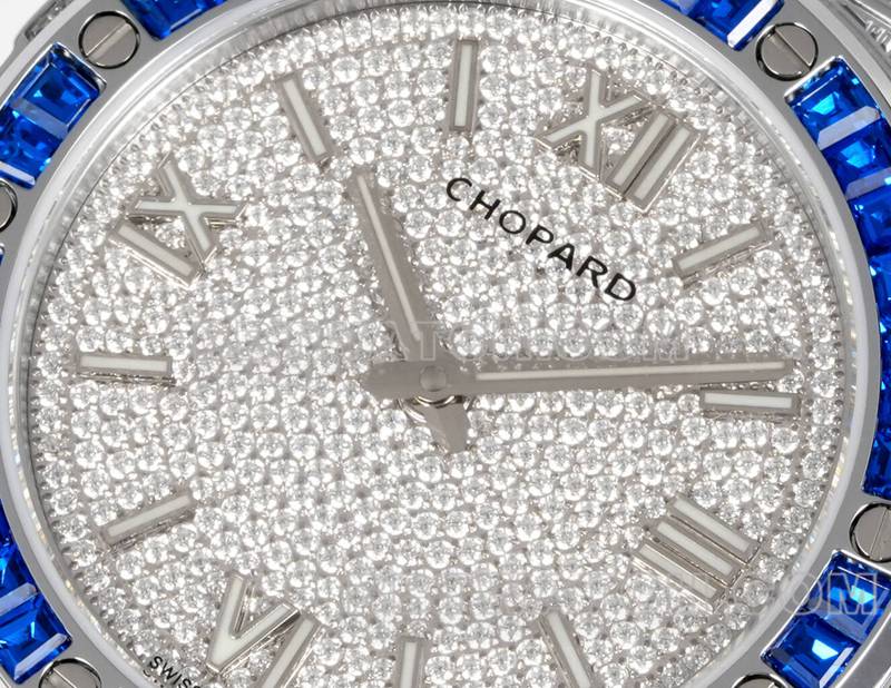 Chopard collectible watch GH factory snow mountain proud wing 41mm pavé diamond blue sapphire crystal ring steel bracelet model front live photo
