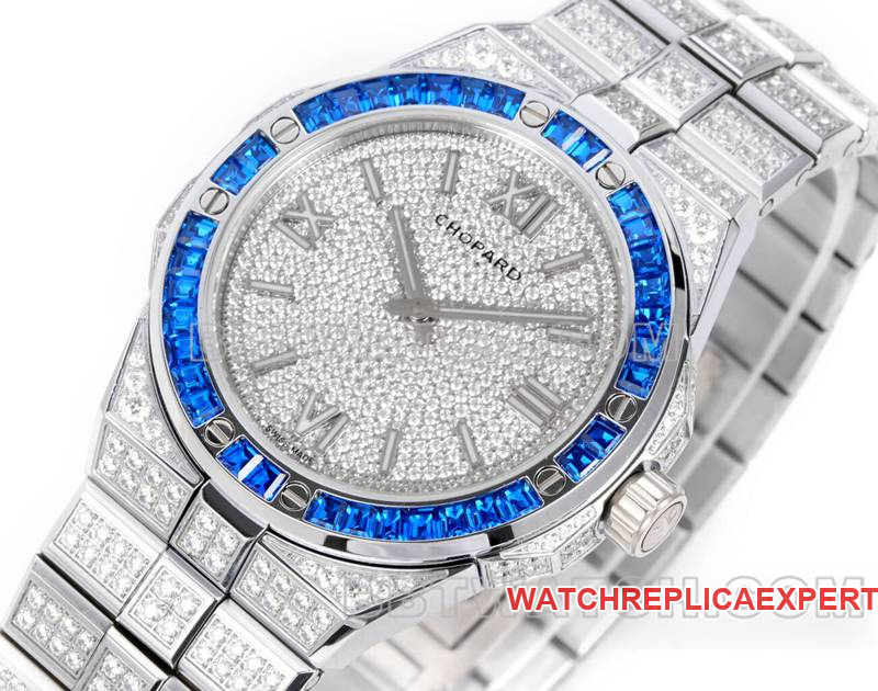 Chopard collectible watch GH factory snow mountain proud wing 41mm pavé diamond blue sapphire crystal ring steel bracelet model front live photo