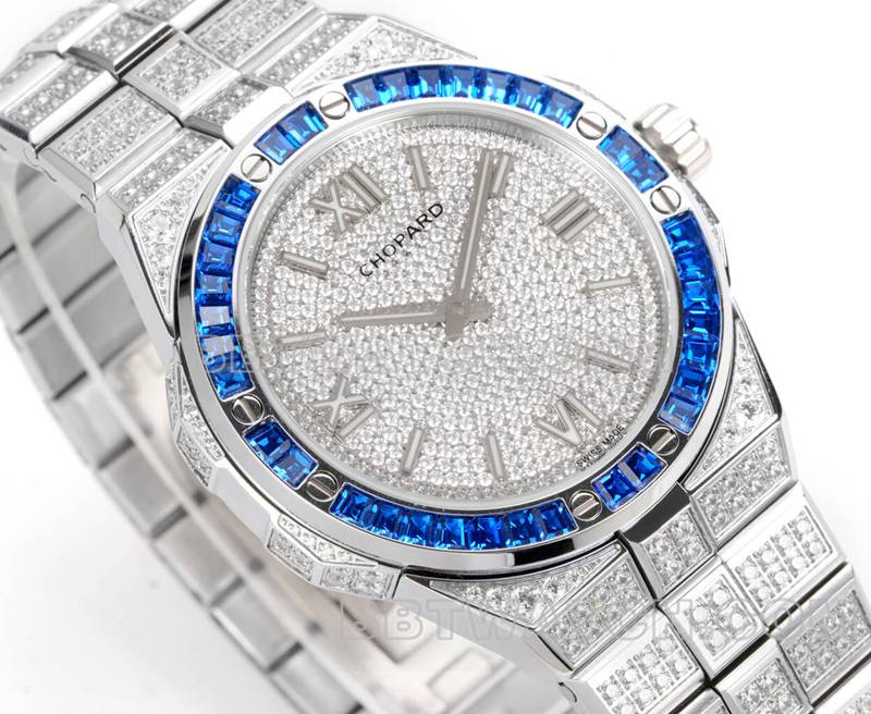 Chopard collectible watch GH factory snow mountain proud wing 41mm pavé diamond blue sapphire crystal ring steel bracelet model front live photo