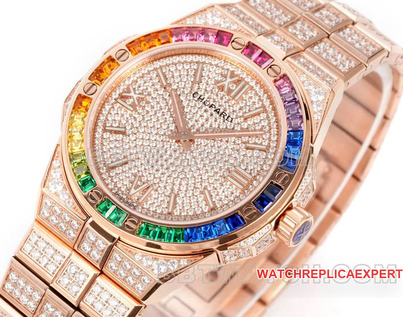 Chopard1:1replica watch GH factory snow mountain proud wing 41mm pavé diamond color sapphire crystal ring rose goldfront live photo