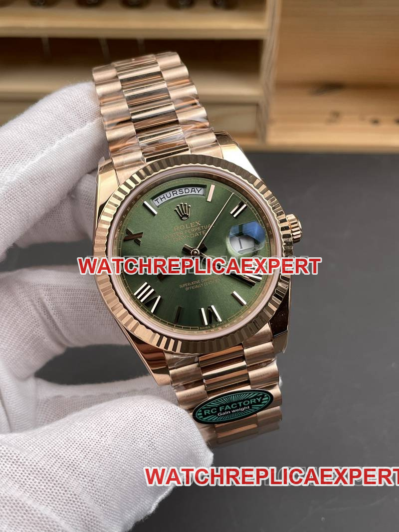 Rolex collectible watch RC factory Day-Date40mmgreen dial3255rose goldsteel bracelet front live photo
