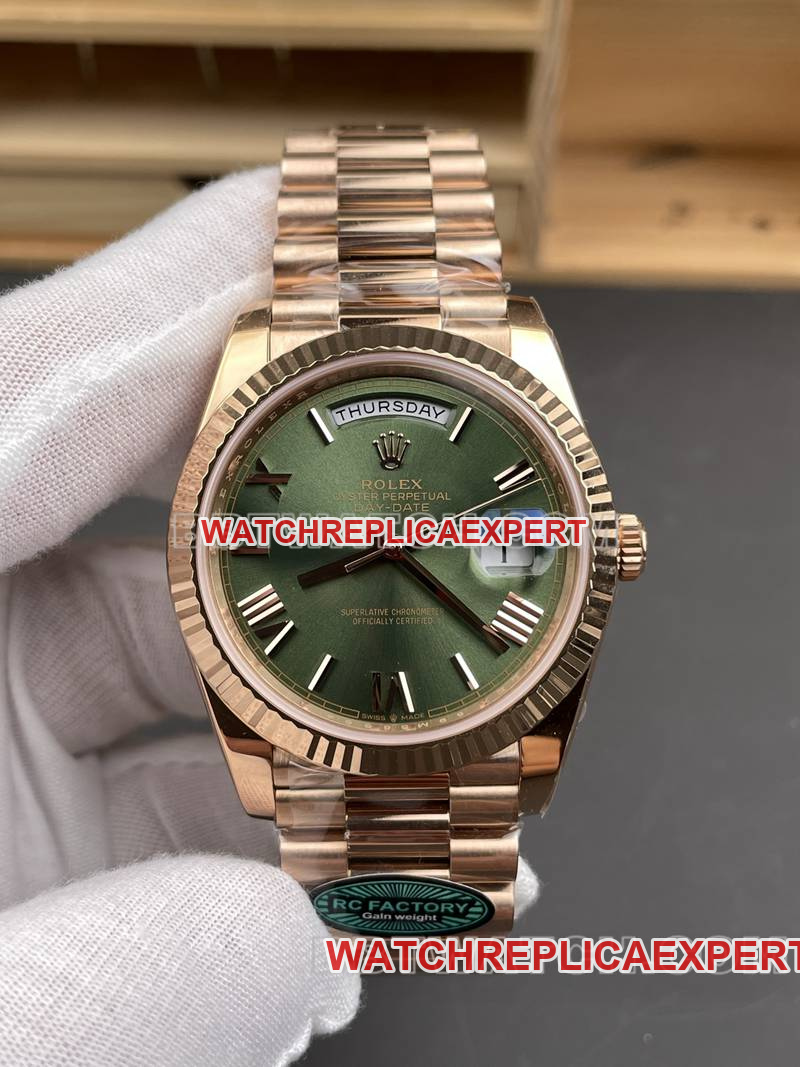 Rolex collectible watch RC factory Day-Date40mmgreen dial3255rose goldsteel bracelet front live photo