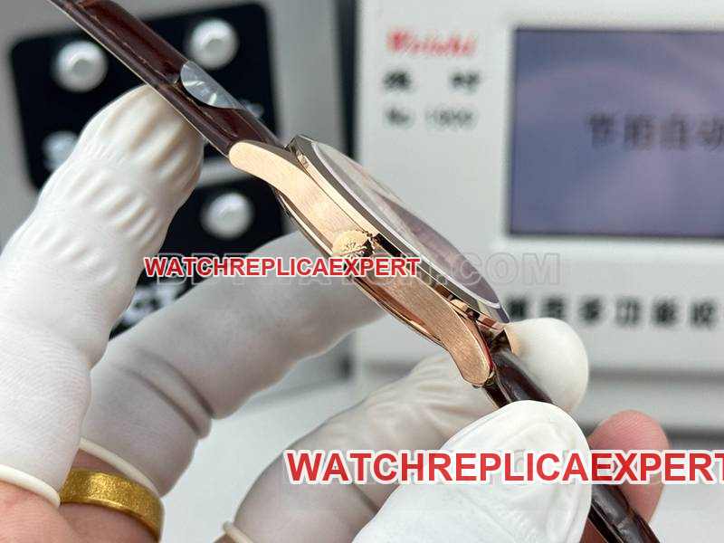 Patek Philippe watch SDF factory classic white dialrose gold case 39mmleather strap model side live photo