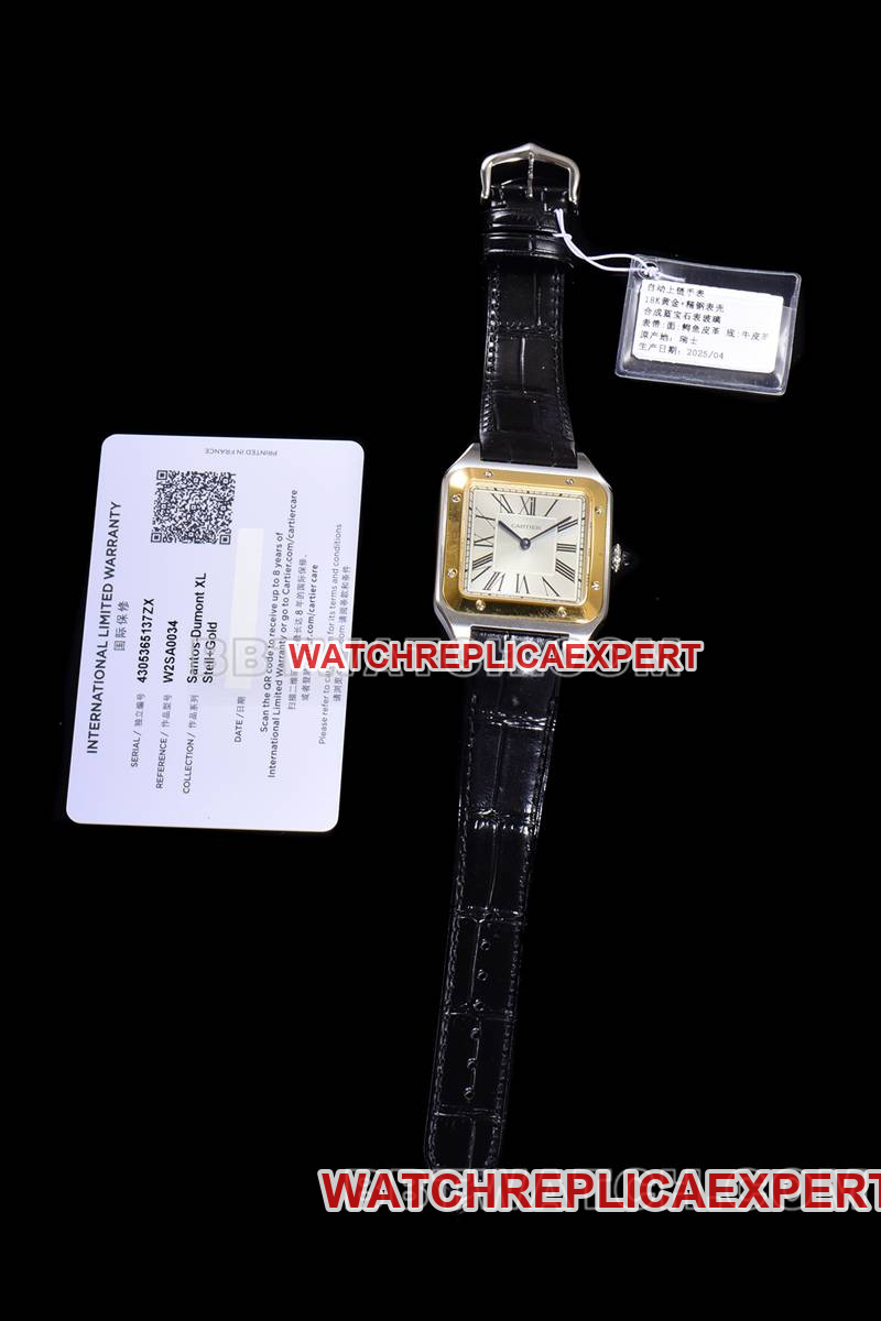 Cartier watch F1 factory Santos white dialyellow gold ring leather strap model front live photo