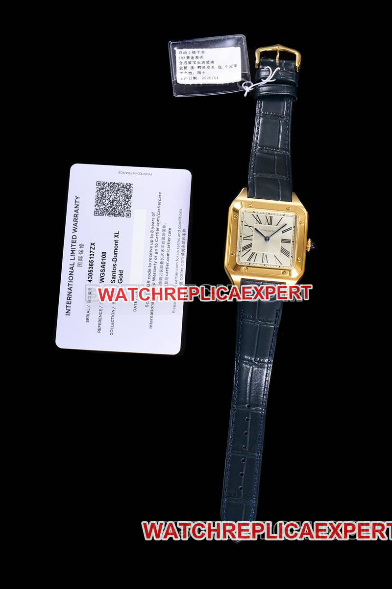Cartier collectible watch F1 factory Santos white dialyellow gold case leather strap model front live photo