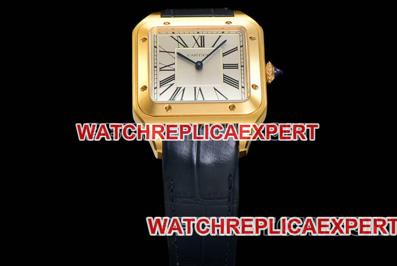 Cartier collectible watch F1 factory Santos white dialyellow gold case leather strap model front live photo