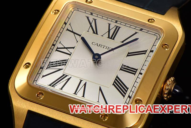 Cartier collectible watch F1 factory Santos white dialyellow gold case leather strap model front live photo