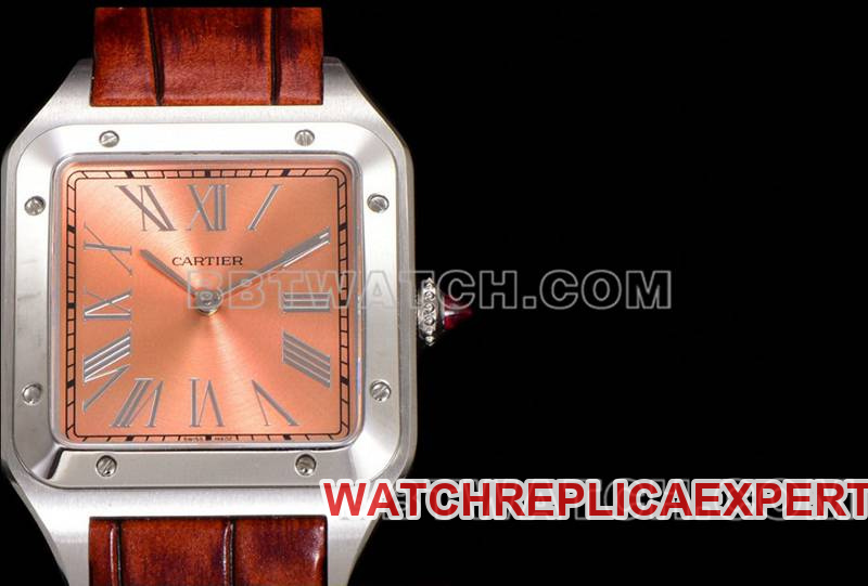 Cartiertop-tier watch F1 factory Santos pink plate leather strap model front live photo