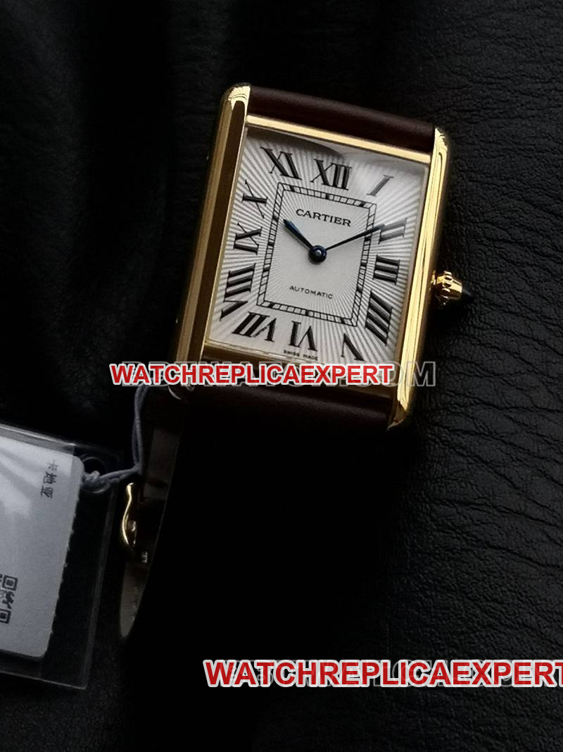 Cartier1:1replica watch F1 factory tank white dialyellow gold case 2899MCmovementleather strap model front live photo