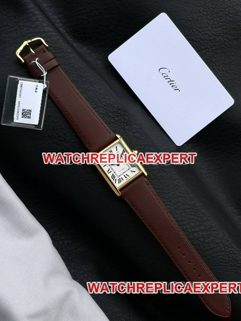 Cartier1:1replica watch F1 factory tank white dialyellow gold case 2899MCmovementleather strap model front live photo