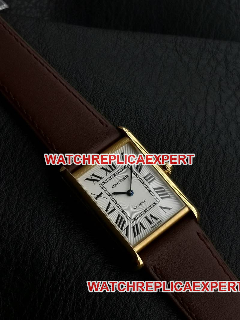 Cartier1:1replica watch F1 factory tank white dialyellow gold case 2899MCmovementleather strap model front live photo