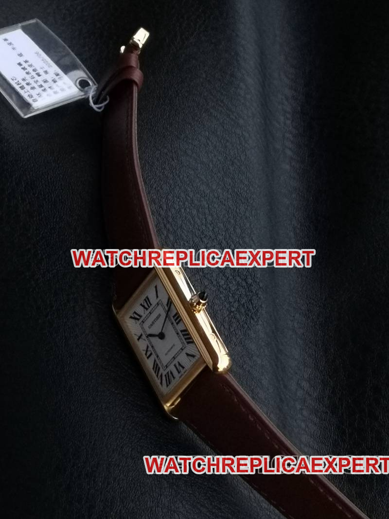 Cartier1:1replica watch F1 factory tank white dialyellow gold case 2899MCmovementleather strap model side live photo
