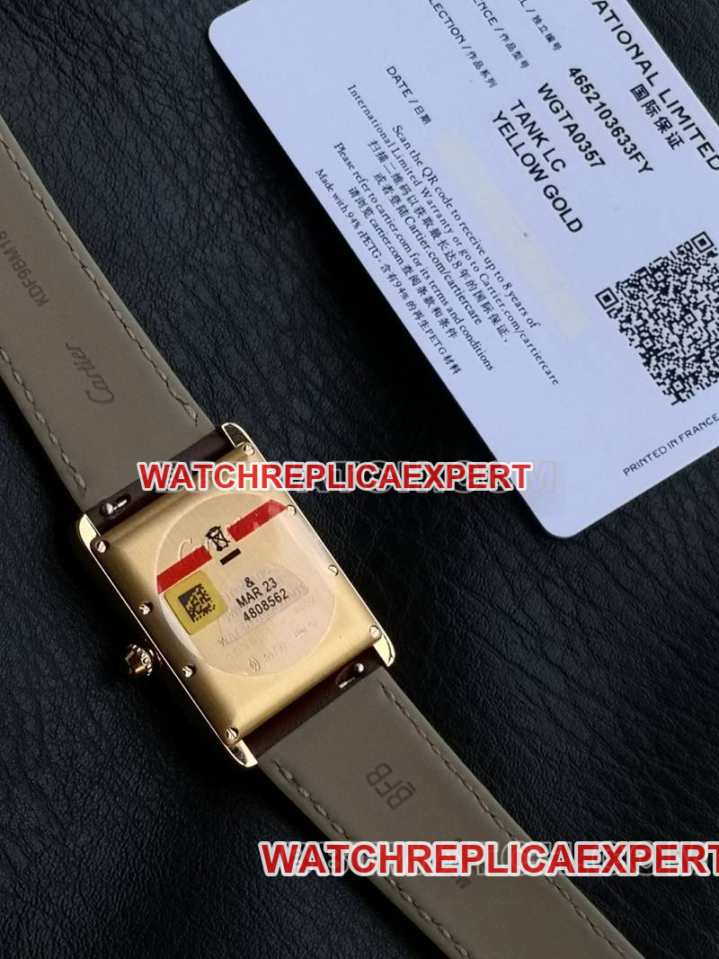 Cartier1:1replica watch F1 factory tank white dialyellow gold case 2899MCmovementleather strap model caseback live photo