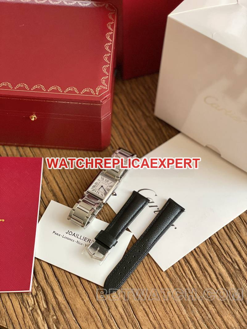 Cartier watch tank white dial blue steel hands mechanical steel bracelet model front live photo