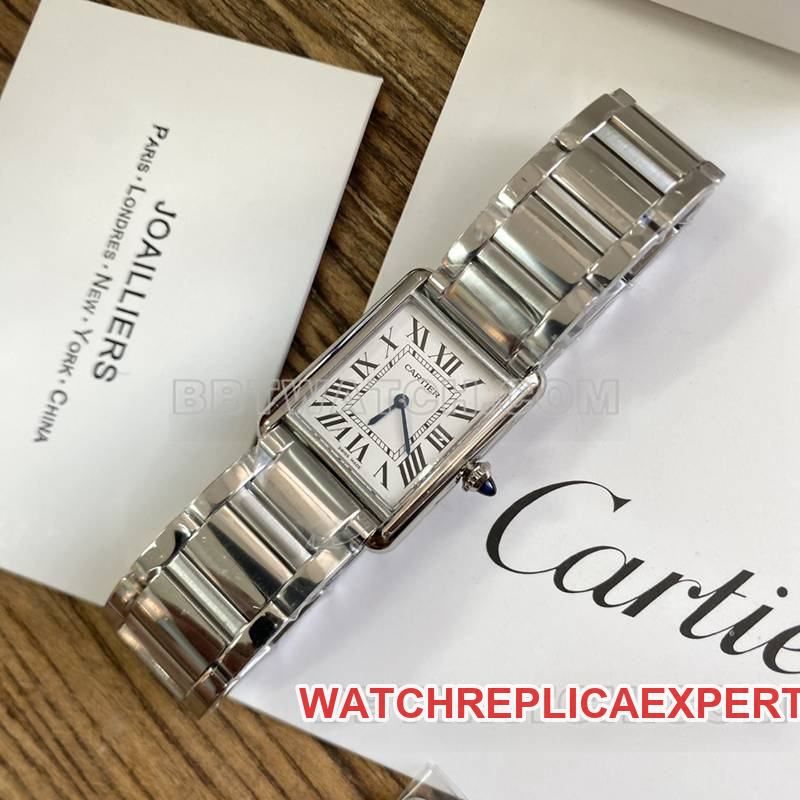 Cartier watch tank white dial blue steel hands mechanical steel bracelet model front live photo