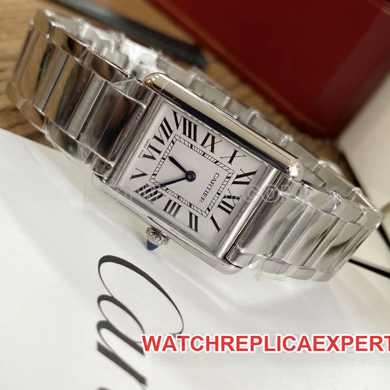 Cartier watch tank white dial blue steel hands mechanical steel bracelet model front live photo