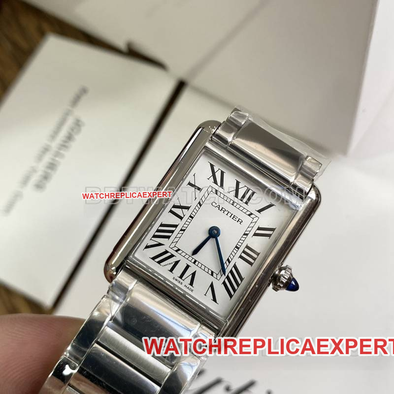 Cartier watch tank white dial blue steel hands mechanical steel bracelet model front live photo