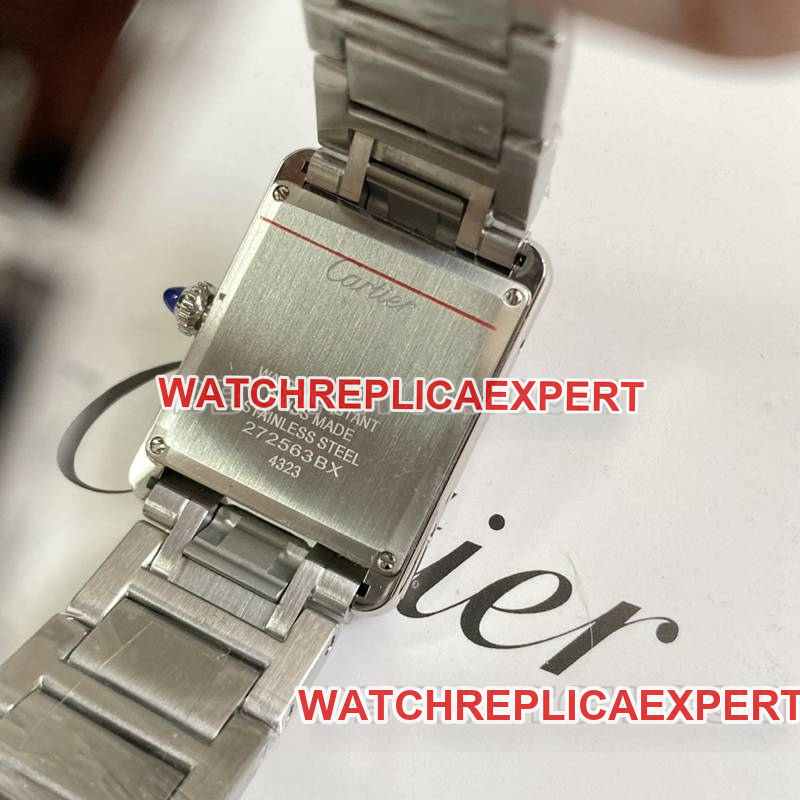Cartier watch tank white dial blue steel hands mechanical steel bracelet caseback live photo