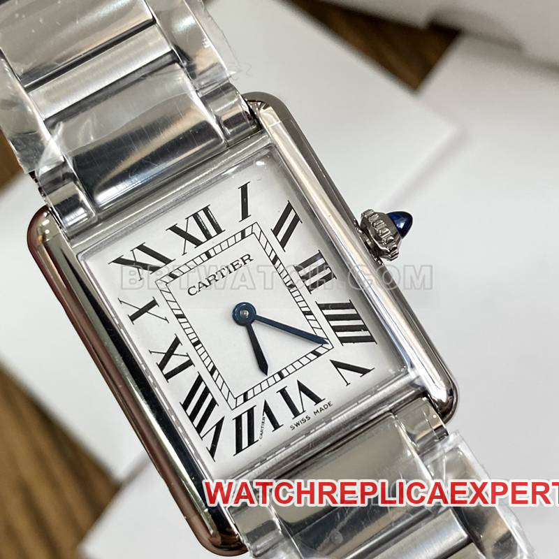 Cartier watch tank white dial blue steel hands mechanical steel bracelet model front live photo