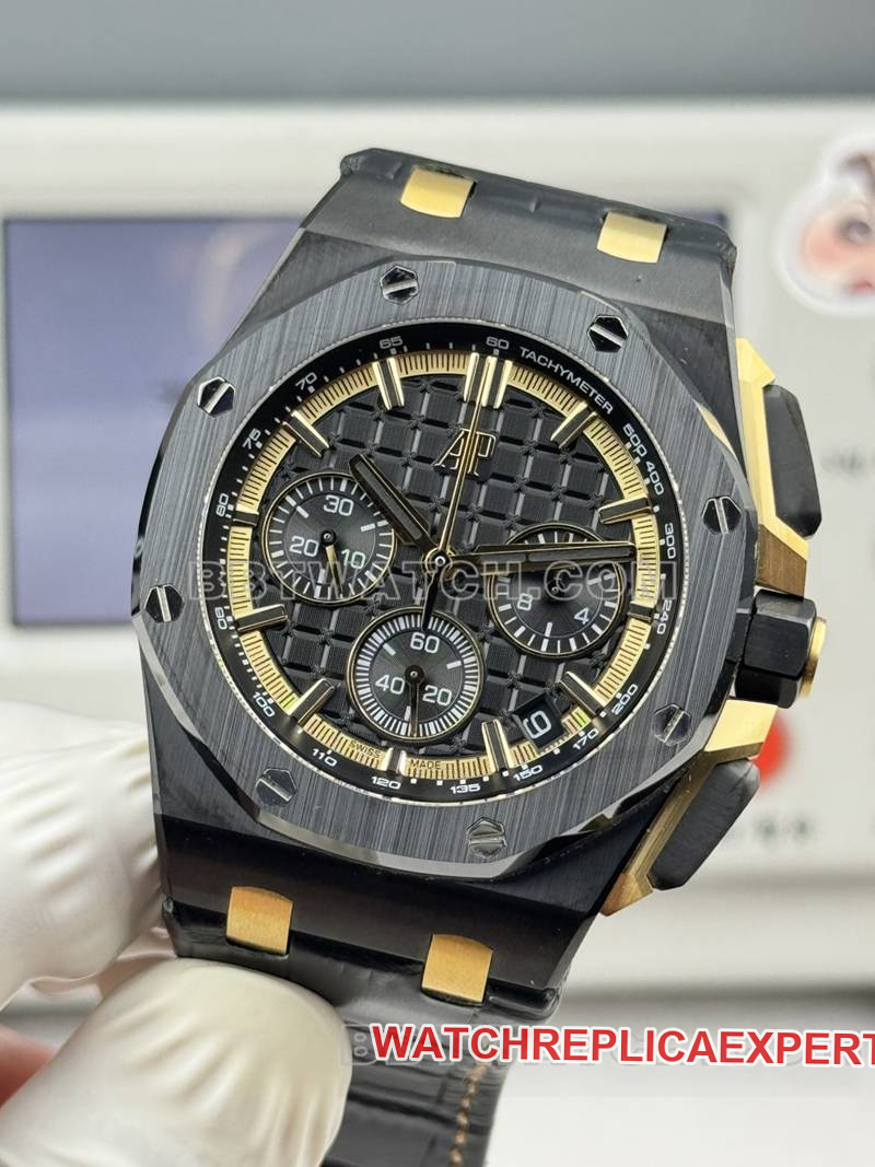 Audemars Piguettop-tier watch LS factory Royal Oak offshore type 43MMblack dial yellow chronograph mechanical rubber model 26420front live photo