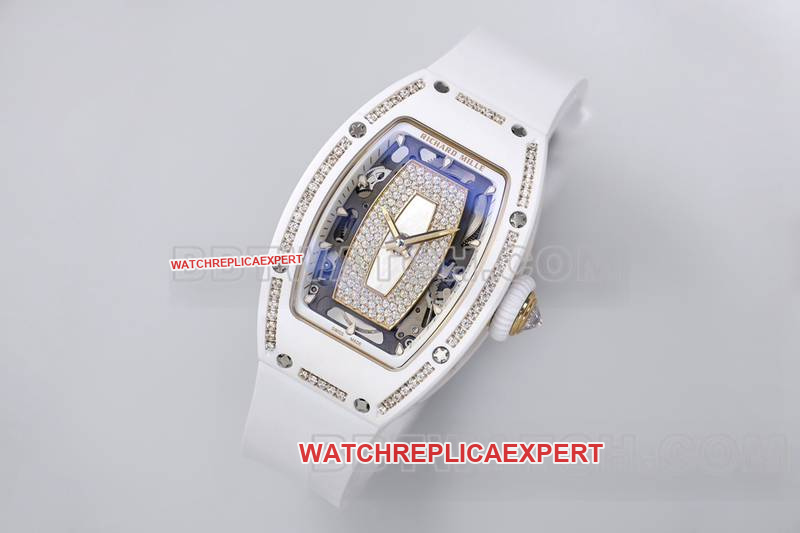 Richard Mille1:1replica watch ZF Factory white ceramicwhite dial diamond mechanical watch RM07-1front live photo