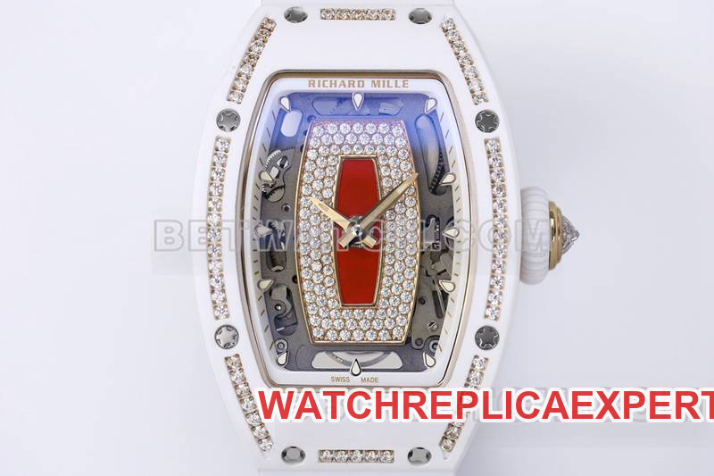 Richard Mille Watch ZF Factory White Ceramic Red Plate Diamonds Mechanical Watch RM07-1 Front Actual Picture