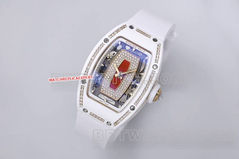 Richard Mille Watch ZF Factory White Ceramic Red Plate Diamonds Mechanical Watch RM07-1 Front Actual Picture