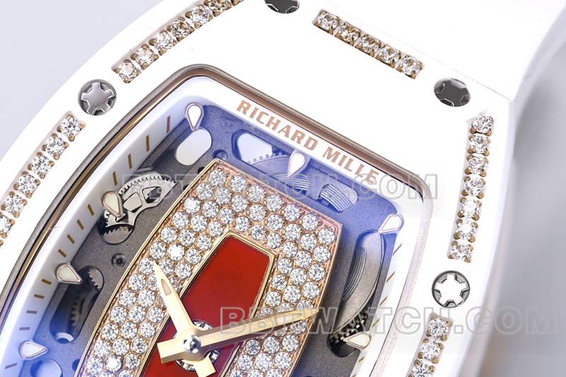 Richard Mille Watch ZF Factory White Ceramic Red Plate Diamonds Mechanical Watch RM07-1 Front Actual Picture