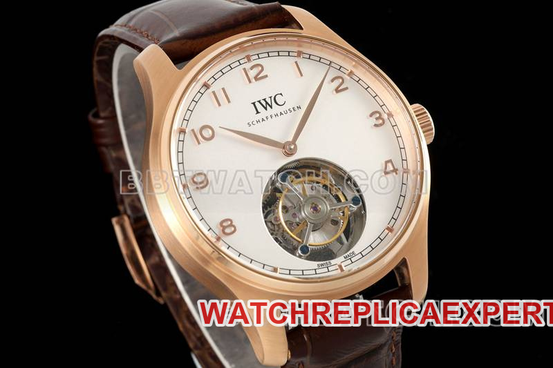 IWC collectible watch RMS factory Portugal white dialrose goldtourbillon mechanical leather strap model front live photo