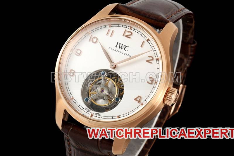 IWC collectible watch RMS factory Portugal white dialrose goldtourbillon mechanical leather strap model front live photo