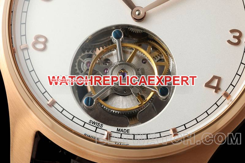 IWC collectible watch RMS factory Portugal white dialrose goldtourbillon mechanical leather strap model front live photo