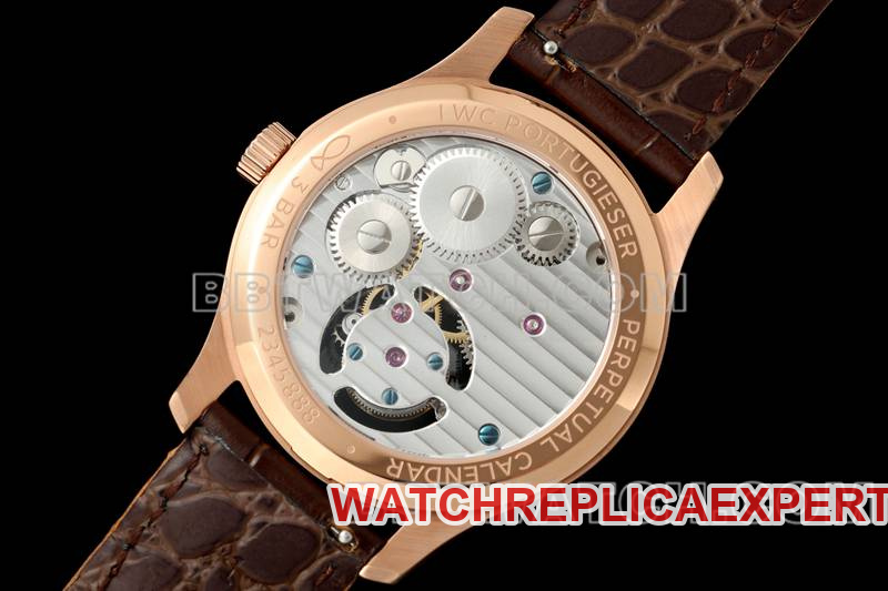 IWC collectible watch RMS factory Portugal white dialrose goldtourbillon mechanical leather strap model caseback live photo