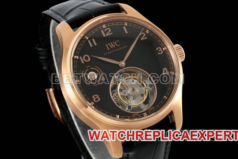 IWC1:1replica watch RMS factory Portugal black dialrose goldtourbillon mechanical leather strap model front live photo